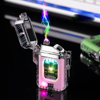 Transparentné Nepremokavé Dual Arc USB Nabíjanie Ľahšie Vonkajšie Vetru LED Displej Blikajúce Svetlo Elektronický Impulz Igniter