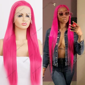 Hot Pink Farba Predné Čipky Parochne Dlhé Rovné Vlasy, Syntetické Parochne Čipky Front Mäkké Vlasy HD Čipky Čelnej Prirodzené Vlasy Perruque