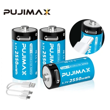 PUJIMAX Nové 3,7 V CR123A Lítiové Batérie 2550mWh Nabíjateľná Li-ion Batéria Podporu Typ C Kábel Pre Nabíjanie Baterky Hračka