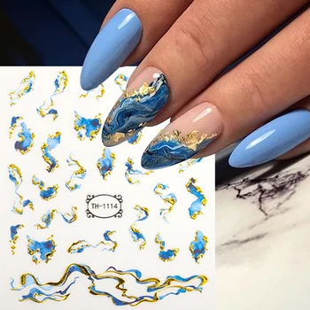 3D Blue Kvitne Mramoru na Nechty, Nálepky Samoopaľovacie Silver Gold Wave Linka na Nechty, Nálepky Abstraktné Geometrie Flower Nail Art Nálepky