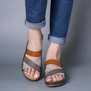 Letné Ženy Klin Sandále Premium Ortopedické Otvorené Prst Sandále Vintage Anti-slip Kožené poltopánky Outdoorové Sandále