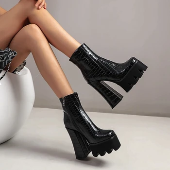 Členková obuv pre ženy, Jeseň, Zimu teplé Platformu Hrubé Vysokom Podpätku Topánky Čierna Žena Strany Topánky Plus Veľkosť 43 kožušiny topánky 2032