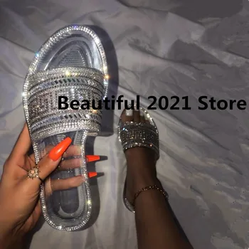 ženy nového kola hlavu domov ploché papuče diamond flitrami slovo jelly priehľadná farba bežné domáce sandále/papuce