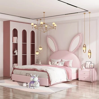 Skutočné drevo, kožené kiddie posteľ dievča, Ružová dievča Roztomilý Princezná cartoon posteľ 1,5 m jednolôžko