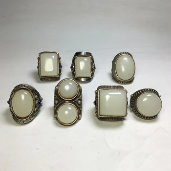 Ázijské Jade cloisonne Staré Miao silver a white jade vykladané krúžok šperky darček