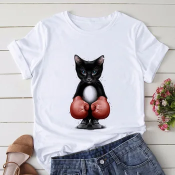 Žena T-shirt Boxing Cat Karikatúra Tlače T-shirt Letné Módy Harajuku Grafické T-shirt Bežné Dievča tričká Unisex