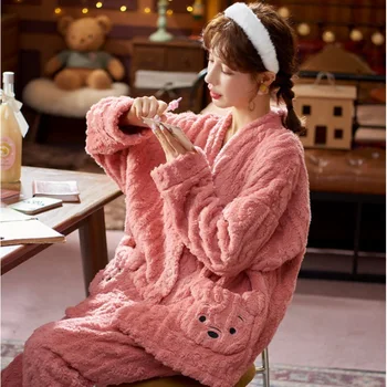 V Zime Teplý Flanel Sladké Medveď Vrecku Pyžamo Nastaviť Ženy Hrubé Cardigan Oblečenie Pre Voľný Čas Roztomilý Sleepwear