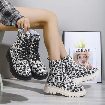 Ženské Leopard Tlač Topánky 2022 Zimné Nové Príležitostné Čipky Kolo Päte Topánky Dámske Módne Polovice Päty Platforma Topánky Botas De Mujer
