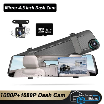 4.3 Inch Auta DVR Zrkadlo videorekordér 1080P Dashcam Pre Auto Predné+Zadné Duálny Objektív Streaming Jazdy Záznamník Dash Fotoaparát