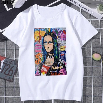 Zábavné Umenie Graffiti Mona Lisa Vytlačené T-shirt Dámy Letné Harajuku dámske Krátky Rukáv T shirt Streetwear Módy Biele Tričko