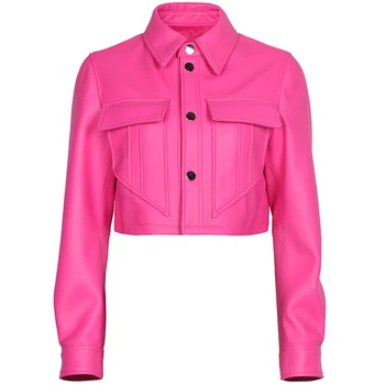 YOLOAgain 2023 Jeseň Fashion Hot Pink Pravej Kože Ostrihané Bunda Ženy Streetwear