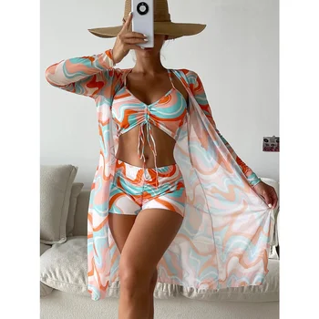 Tropické Vysoký Pás Bikini Tri Sexy Ženy Dlhý Rukáv Zakryť Plavky 2023 Lete Push Up Pláž, Kúpanie Oblek Plavky