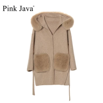 ružová java QC21004 nový príchod teplej predaj reálne fox kožušiny golier vlnené kabáty carshmere ženy kabát zimný kabát módne veľkoobchod