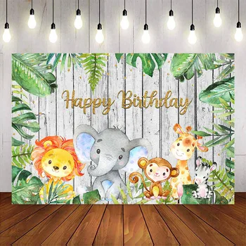 Happy birthday voľne žijúcich zvierat, drevená podlaha kulisu pre fotografovanie studio jungle safari tému narodeninovej party deocraiton zázemia