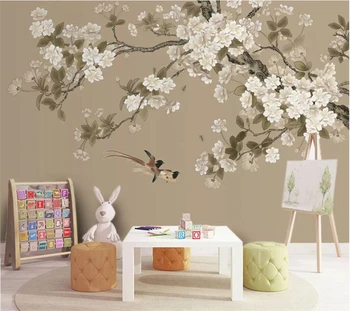 wewllyu Vlastnú tapetu 3D maľby Gongbi Begonia kvety a vtáky pozadí steny ručne maľované kvety a vtáky 3d tapety