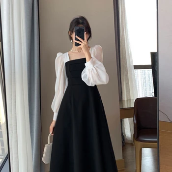 Francúzsky sukne dlhým rukávom black šifón A-line temperament šaty dámske oblečenie na jeseň spojov námestie golier retro oka šaty