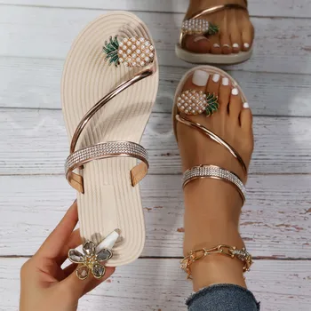 Letné Beach Papuče Ženy Ananás Sandále Pearl Flip Flops Otvorené Prst Bežné Elastické Sandále Ploché Domov Sandále Pláži Papuče