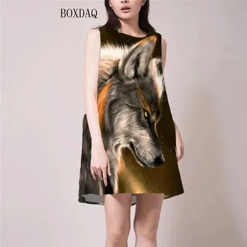 Bez rukávov Ženy 3D Šaty Zvierat Vlk Tlač Lete Streetwear Gradient Mini Šaty Dámske Voľné Bežné Príliš Krátke Šaty