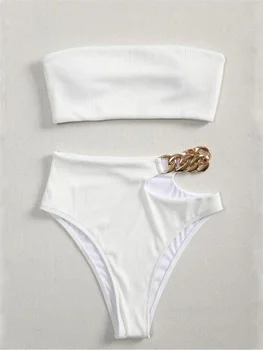 Bandeau Bikini 2023 Ženy Sexy Biela Čierna Vystrihnúť Kovov Vysoký Pás Plavky Žena Mimo Ramenný Plavky Plavky, Plážové Oblečenie