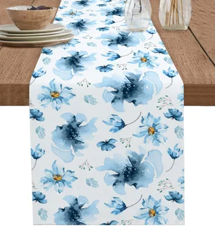 Akvarel Modrými Kvetmi Na Jar Stôl Runner Svadbu, Výzdoba Stola Kryt Večera Dovolenku Strany Bavlnená Posteľná Bielizeň Obrus