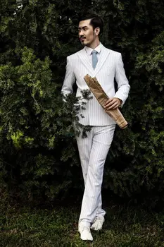 Najnovšie Dizajn Biely Prúžok Svadobné Obleky Pre Mužov Formálne Módne Tuxedos Custome Homme Business Terno Sako (Bunda+Nohavice+Kravatu)