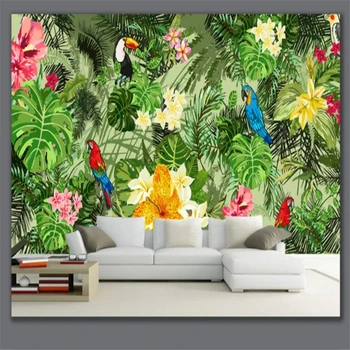 beibehangCustom veľké high-definition krásne ručne maľované papagáj tropickom dažďovom pralese rastlín kreslené tapety pozadia