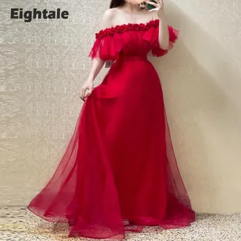 Eightale Červená Prom Šaty bez Ramienok A-Line Kvety Tylu Večerné Šaty Formálne Príležitosti Strany Svadobný Hosť Šaty pre Ženy