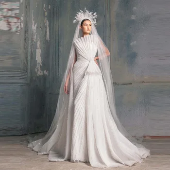 2023 Najnovšie Biela Skladaný Tylu Svadobné Šaty Strieborné Flitre Strip, Katedrála Vlak Nevesta Šaty Shell Násobne Tylu Dlhé Svadobné Šaty
