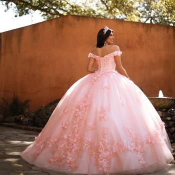 Ružová Princezná Quinceanera Šaty Korzet plesové Šaty, Perlové 3D Kvety Formálne Milú Prom Maturitné Šaty Čipky Sladké 15 16