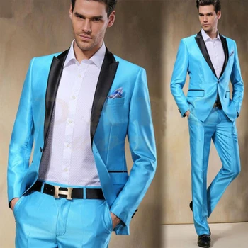 Lesklý Satén Pánske Obleky, Svadobné Tuxedos 2 ks Modrá Ženícha Formálne oblečenie Nohavice Business Večer Prom Sako (Bunda+Nohavice)na Zákazku