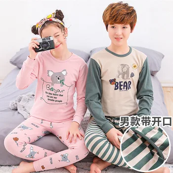 Jeseň detské Pyžamo Sady Teenag Dievča Oblečenie Chlapci Sleepwear Long-sleeve Bavlnené Pyžamá Deti Cartoon oblečenie pre voľný čas T-tričko+Nohavice
