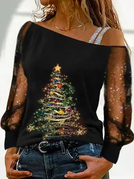 Móda Ženy Bežné Dlhý Rukáv T-shirts na Denné Nosenie, Vianočný Stromček Tlač Kontrast Oka Studenej Rameno Hore