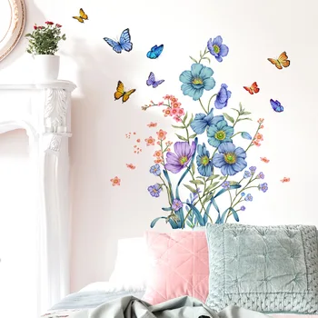 Modré Kvety Rastlín Motýľa Samolepky na Stenu ako samolepiace Vymeniteľné PVC Vinyl Domova pre Obývacia Izba, Spálňa