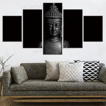 5 Panel Meditácia Zen Plátno Umenie Čiernej A Bielej Buddha Hlavu, Tvár Sochy, Maľby Obrazov Na Stenu Obývacia Izba Domova